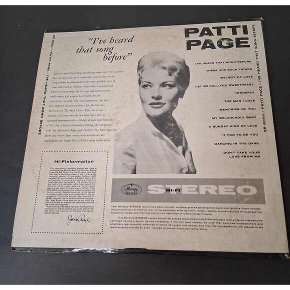 Patti Page I've Heard that Song Before Vinyl Record SR 60011 1958 LP Mercury VG+ - Picture 10 of 12